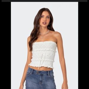 Edikted White Strapless Eyelet Crop Top